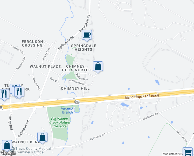 map of restaurants, bars, coffee shops, grocery stores, and more near 5227 Coppermead Lane in Austin