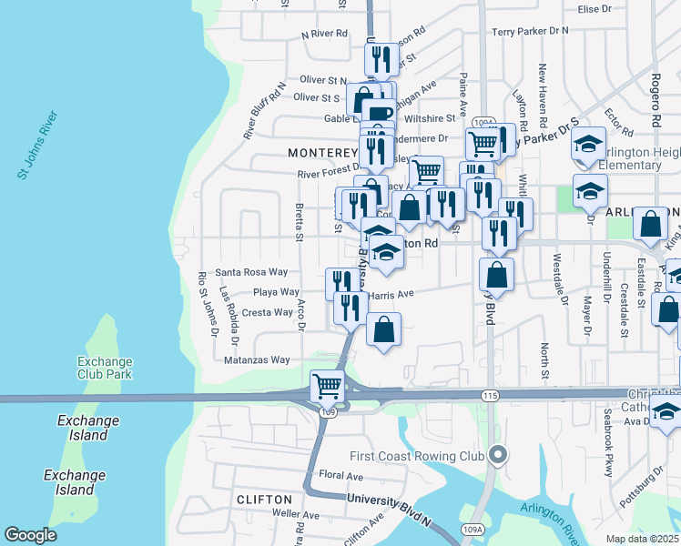 map of restaurants, bars, coffee shops, grocery stores, and more near 1224 Easter Street in Jacksonville