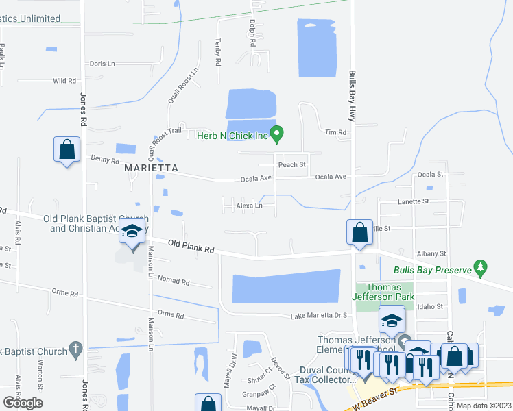 map of restaurants, bars, coffee shops, grocery stores, and more near Alexa Lane in Jacksonville