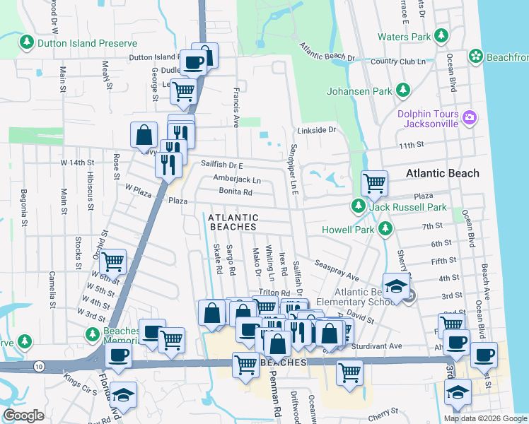 map of restaurants, bars, coffee shops, grocery stores, and more near 710 Bonita Road in Atlantic Beach