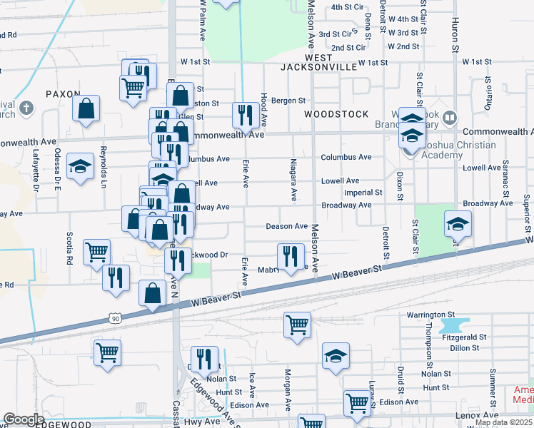 map of restaurants, bars, coffee shops, grocery stores, and more near 3351 Broadway Avenue in Jacksonville
