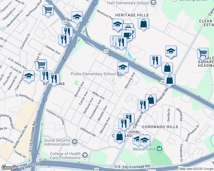 map of restaurants, bars, coffee shops, grocery stores, and more near 7408 Bethune Avenue in Austin