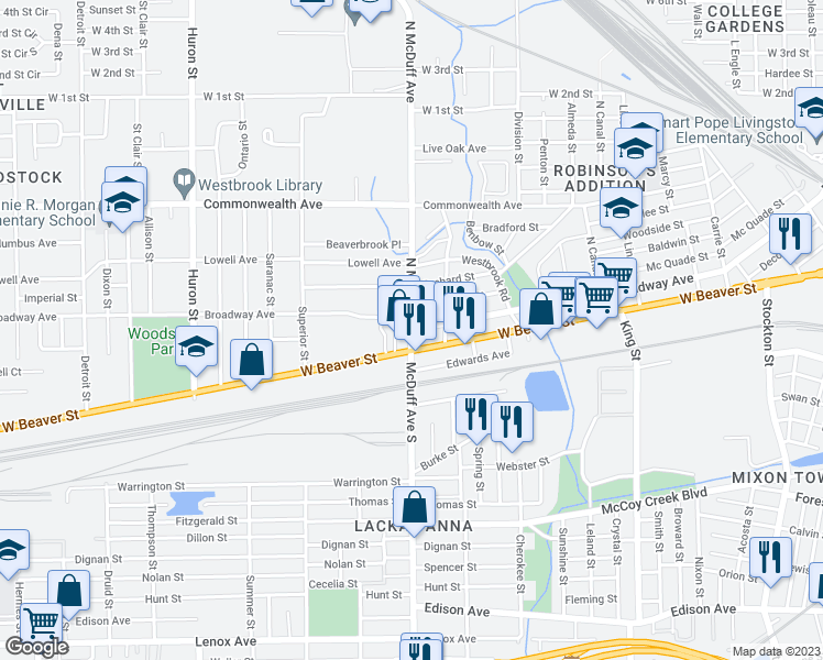 map of restaurants, bars, coffee shops, grocery stores, and more near Broadway Ave & N McDuff Ave in Jacksonville