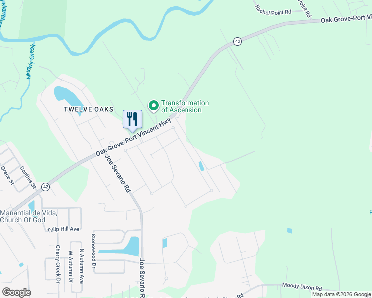 map of restaurants, bars, coffee shops, grocery stores, and more near 17630 Eagles Perch Drive in Prairieville