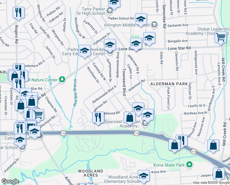 map of restaurants, bars, coffee shops, grocery stores, and more near 7905 Bellemeade Boulevard South in Jacksonville