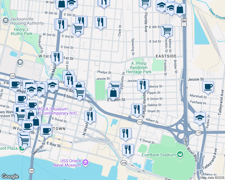 map of restaurants, bars, coffee shops, grocery stores, and more near 535 Odessa Street in Jacksonville