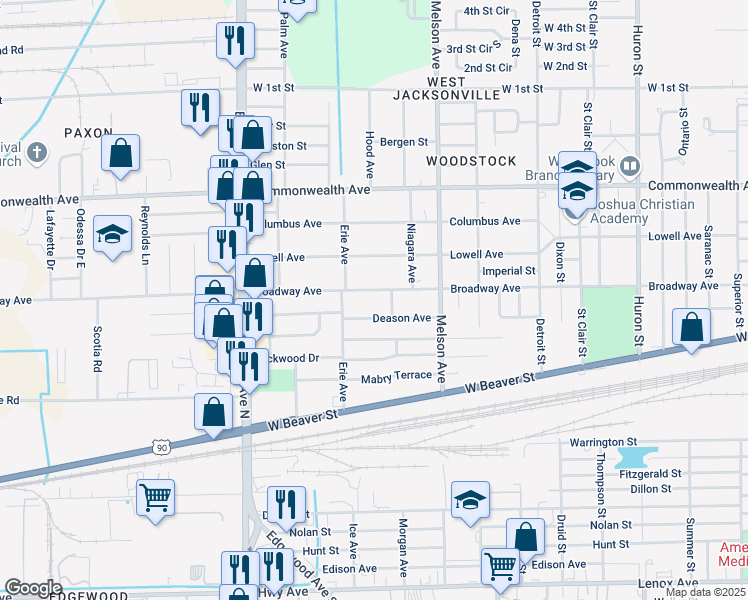 map of restaurants, bars, coffee shops, grocery stores, and more near 3351 Broadway Avenue in Jacksonville