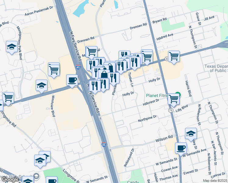 map of restaurants, bars, coffee shops, grocery stores, and more near 1205 North Loop 336 West in Conroe