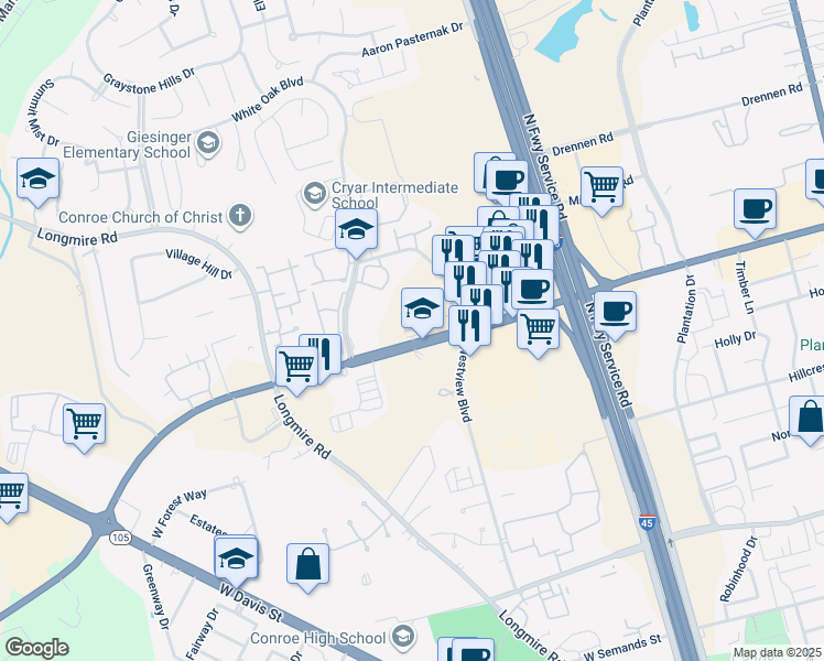 map of restaurants, bars, coffee shops, grocery stores, and more near 2201 Westview Boulevard in Conroe
