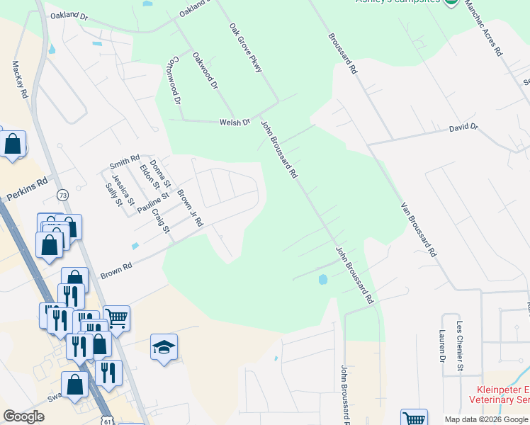 map of restaurants, bars, coffee shops, grocery stores, and more near 38359 Brown Road in Prairieville