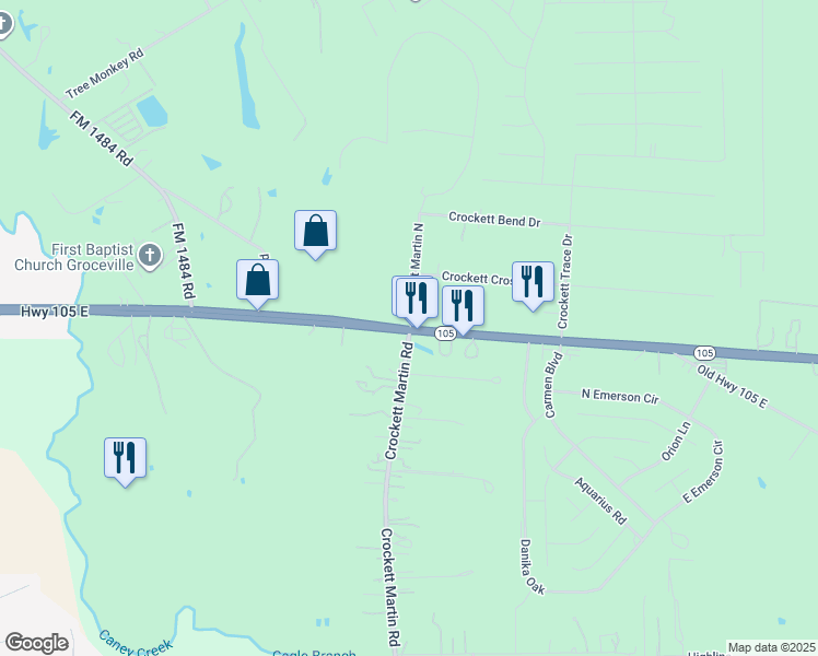 map of restaurants, bars, coffee shops, grocery stores, and more near 17693 Highway 105 East in Conroe