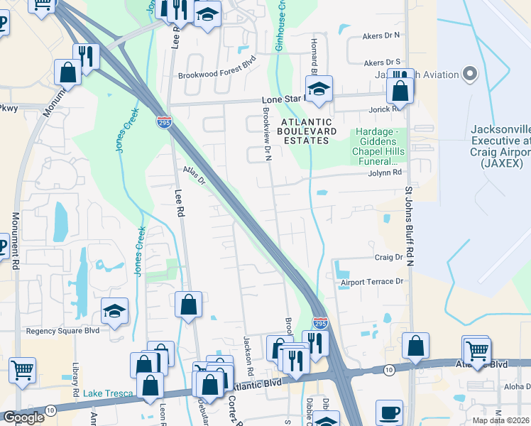 map of restaurants, bars, coffee shops, grocery stores, and more near 10243 Roadway Drive in Jacksonville