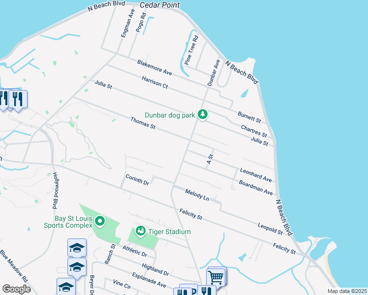map of restaurants, bars, coffee shops, grocery stores, and more near 400-412 Thomas St in Bay St. Louis
