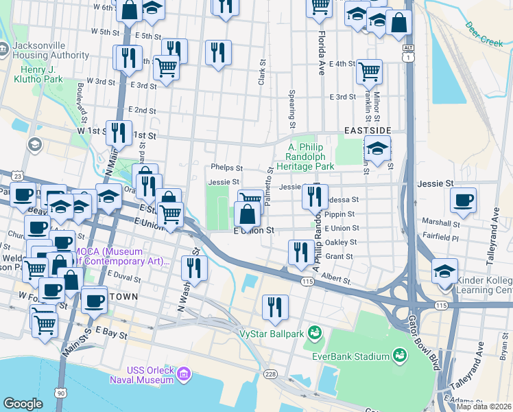 map of restaurants, bars, coffee shops, grocery stores, and more near 535 Odessa Street in Jacksonville