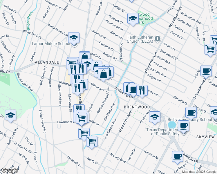 map of restaurants, bars, coffee shops, grocery stores, and more near 1706 West Koenig Lane in Austin