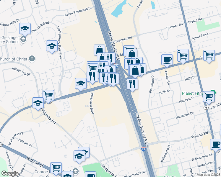 map of restaurants, bars, coffee shops, grocery stores, and more near 1403 North Loop 336 West in Conroe