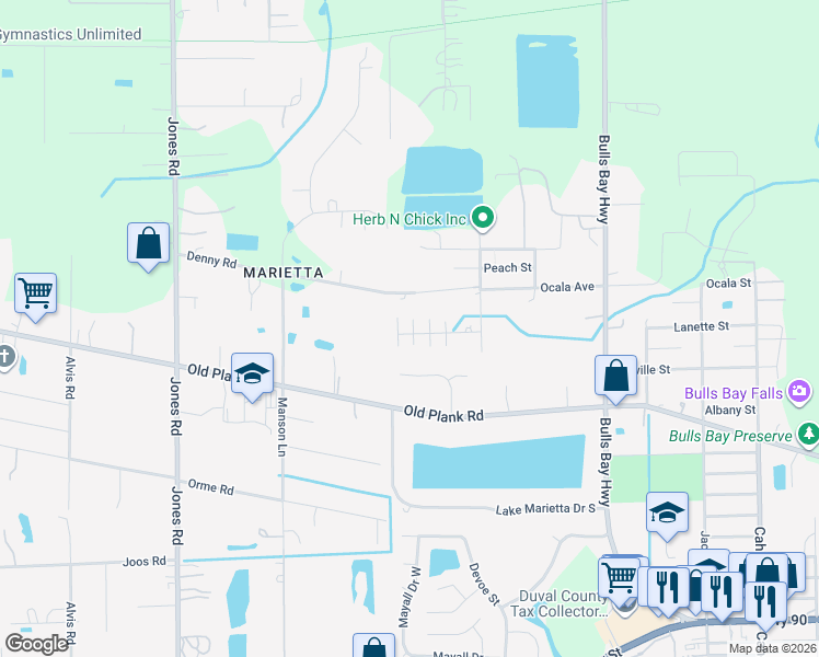 map of restaurants, bars, coffee shops, grocery stores, and more near 8675 Alexa Lane in Jacksonville