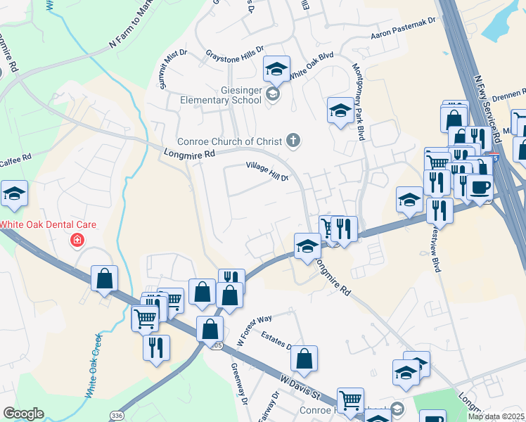 map of restaurants, bars, coffee shops, grocery stores, and more near 56 Country Hill Lane in Conroe