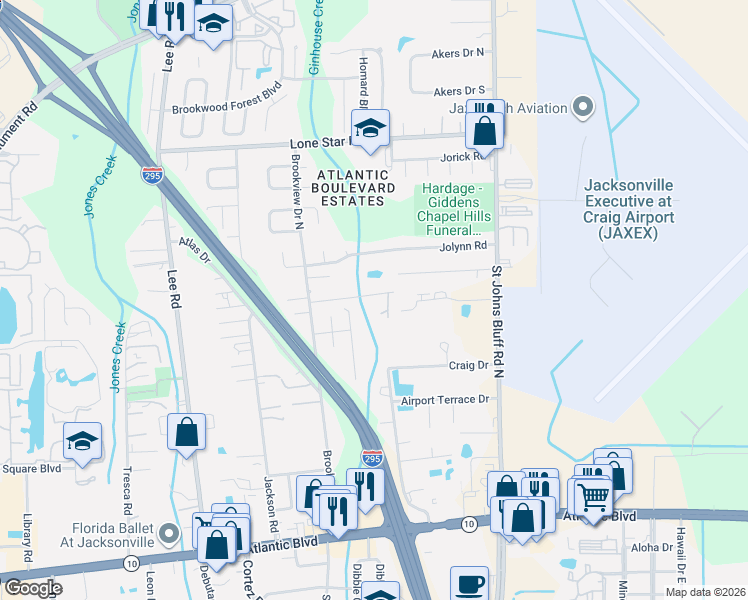 map of restaurants, bars, coffee shops, grocery stores, and more near 10453 Seal Road in Jacksonville