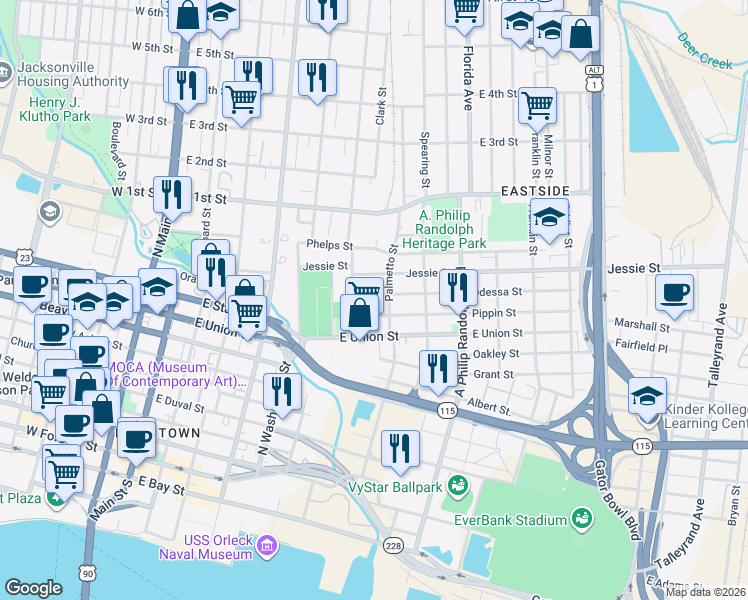 map of restaurants, bars, coffee shops, grocery stores, and more near 535 Odessa Street in Jacksonville