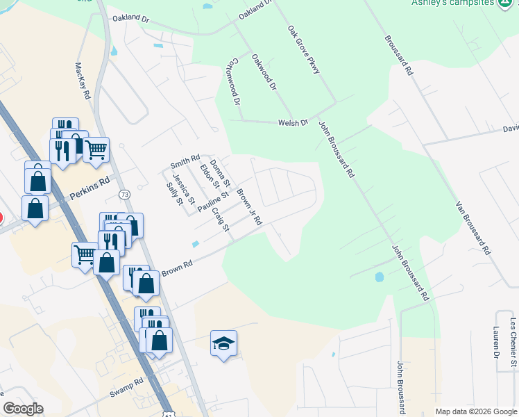map of restaurants, bars, coffee shops, grocery stores, and more near 38215 Stanley Street in Prairieville