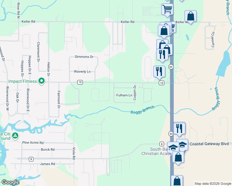 map of restaurants, bars, coffee shops, grocery stores, and more near 19501 County Road 10 in Foley