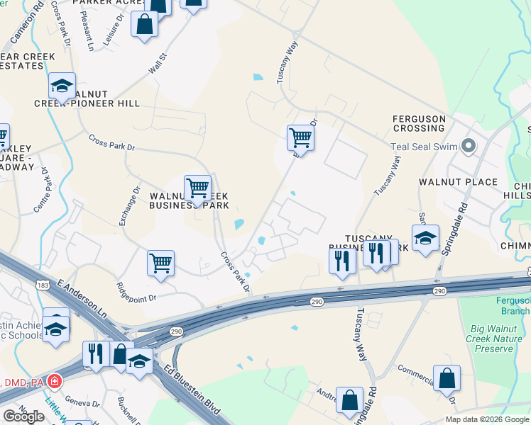 map of restaurants, bars, coffee shops, grocery stores, and more near Exchange Drive in Austin