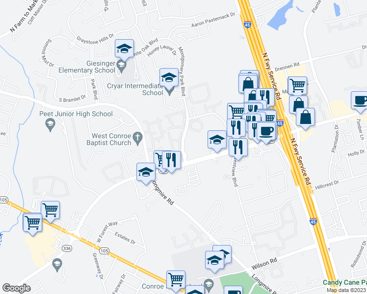 map of restaurants, bars, coffee shops, grocery stores, and more near 2336 Montgomery Park Boulevard in Conroe