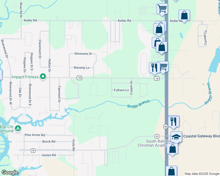 map of restaurants, bars, coffee shops, grocery stores, and more near 19501 County Road 10 in Foley