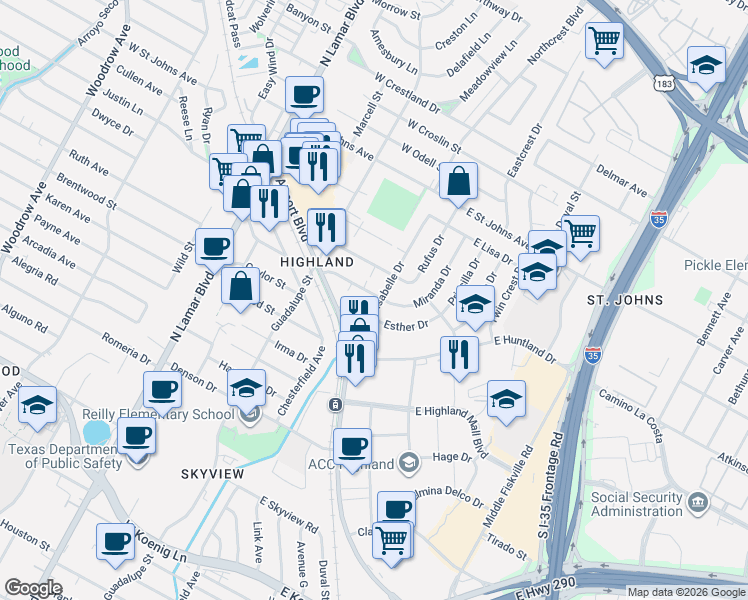 map of restaurants, bars, coffee shops, grocery stores, and more near 6706 Isabelle Drive in Austin