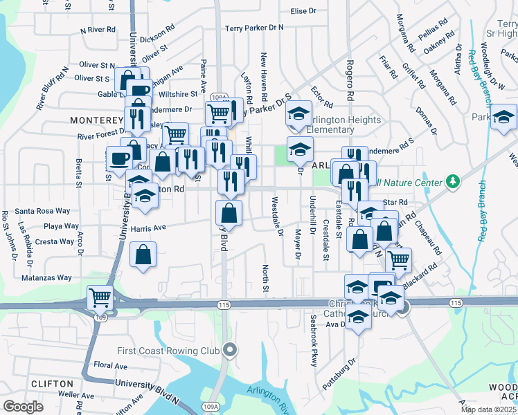 map of restaurants, bars, coffee shops, grocery stores, and more near 1201 Whitlock Avenue in Jacksonville