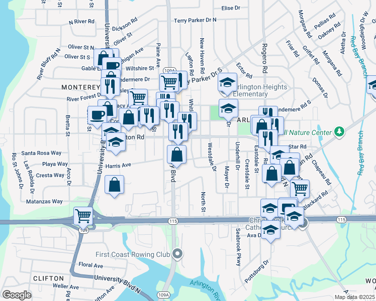 map of restaurants, bars, coffee shops, grocery stores, and more near 1201 Whitlock Avenue in Jacksonville