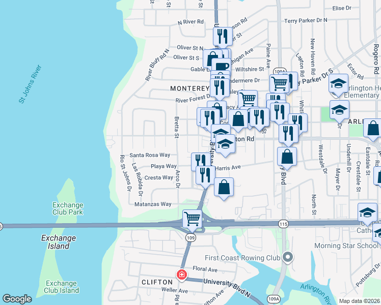 map of restaurants, bars, coffee shops, grocery stores, and more near 1224 Easter Street in Jacksonville