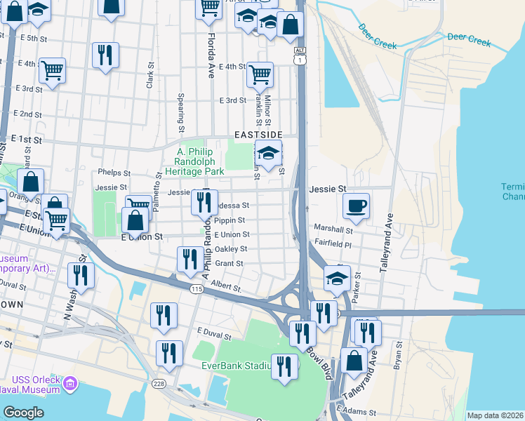 map of restaurants, bars, coffee shops, grocery stores, and more near 3 Odessa Street in Jacksonville