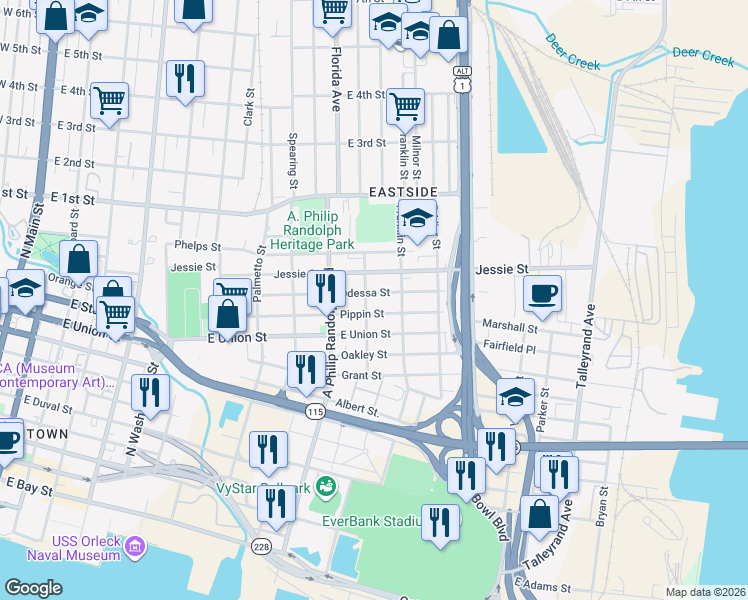 map of restaurants, bars, coffee shops, grocery stores, and more near 888 Franklin Street in Jacksonville