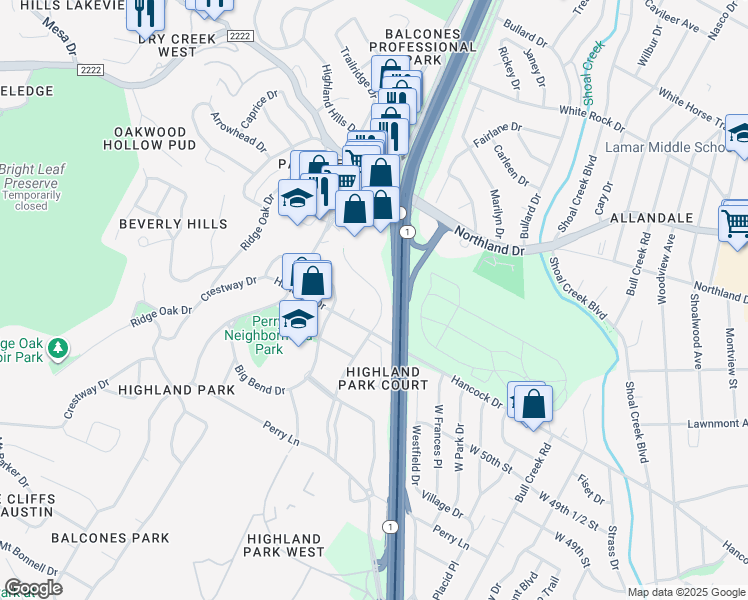 map of restaurants, bars, coffee shops, grocery stores, and more near 5110 Valley Oak Drive in Austin