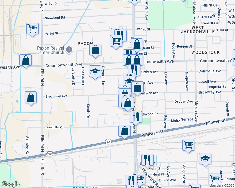 map of restaurants, bars, coffee shops, grocery stores, and more near 5121 Broadway Avenue in Jacksonville