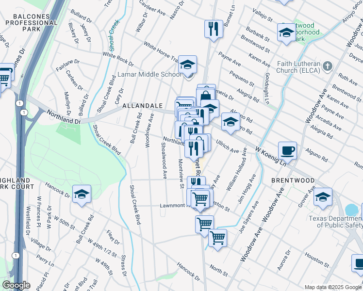 map of restaurants, bars, coffee shops, grocery stores, and more near 2100 Northland Drive in Austin
