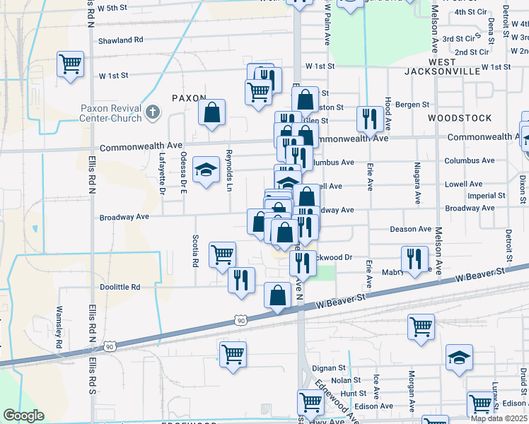map of restaurants, bars, coffee shops, grocery stores, and more near 5111 Broadway Avenue in Jacksonville