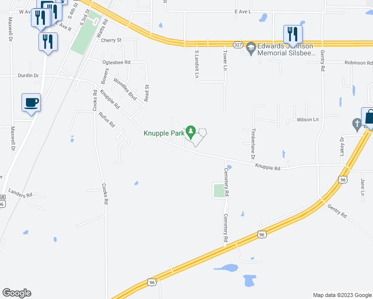 map of restaurants, bars, coffee shops, grocery stores, and more near Knupple Road in Silsbee