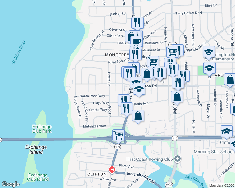 map of restaurants, bars, coffee shops, grocery stores, and more near 1224 Easter Street in Jacksonville
