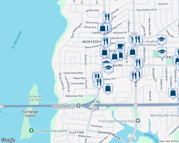 map of restaurants, bars, coffee shops, grocery stores, and more near 1208 Clock Street in Jacksonville
