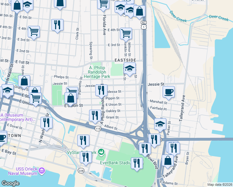 map of restaurants, bars, coffee shops, grocery stores, and more near 888 Franklin Street in Jacksonville