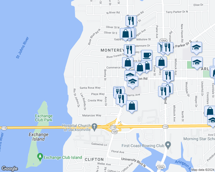 map of restaurants, bars, coffee shops, grocery stores, and more near 1201 Bretta Street in Jacksonville