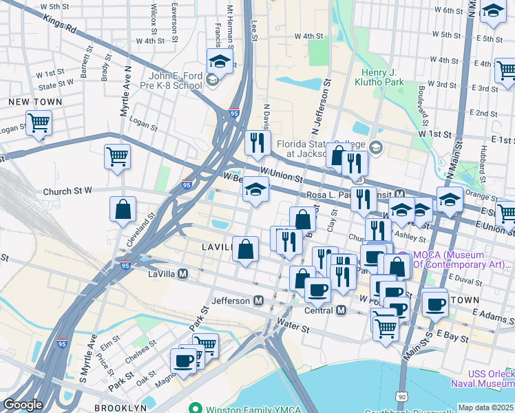 map of restaurants, bars, coffee shops, grocery stores, and more near 501 North Davis Street in Jacksonville