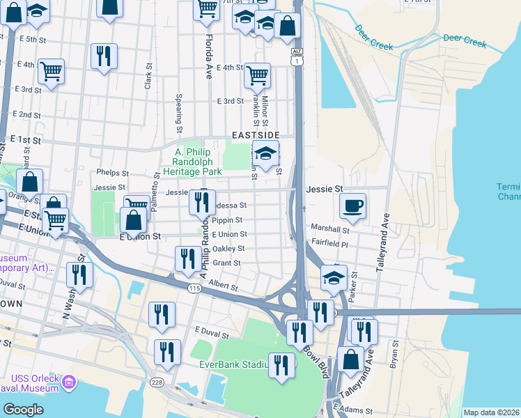 map of restaurants, bars, coffee shops, grocery stores, and more near 3 Odessa Street in Jacksonville