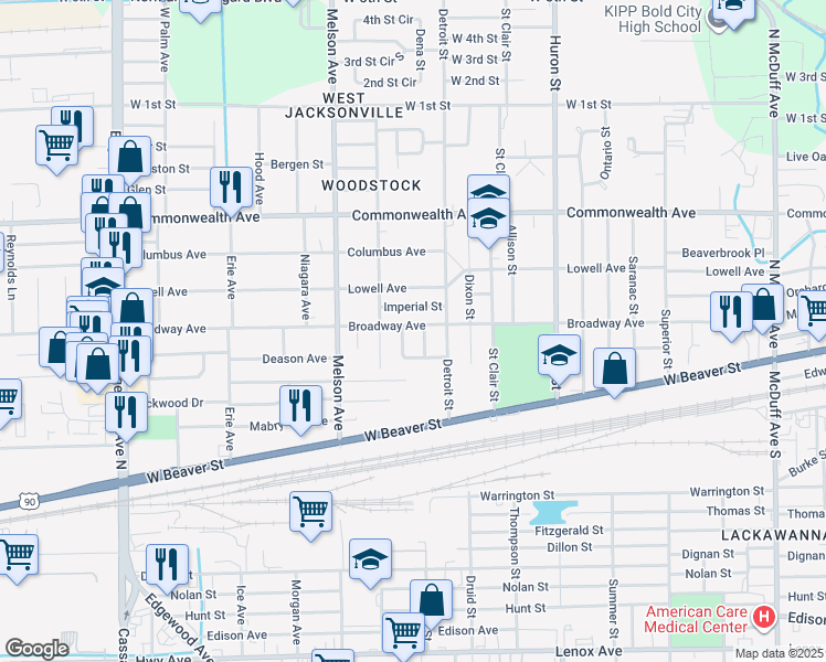 map of restaurants, bars, coffee shops, grocery stores, and more near 3053 Broadway Avenue in Jacksonville
