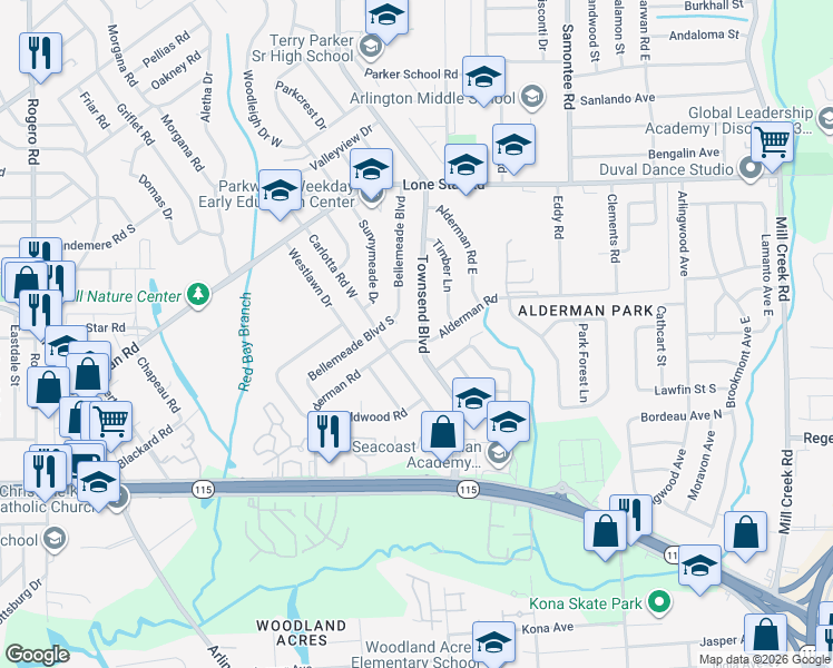 map of restaurants, bars, coffee shops, grocery stores, and more near 1018 Townsend Boulevard in Jacksonville