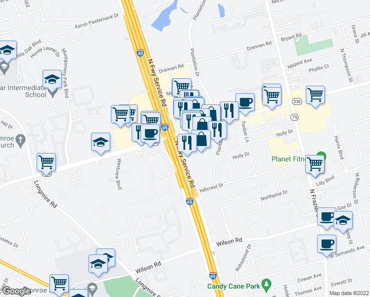 map of restaurants, bars, coffee shops, grocery stores, and more near 2200 Interstate 45 North in Conroe
