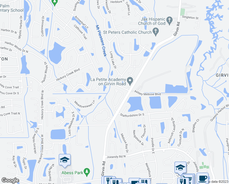 map of restaurants, bars, coffee shops, grocery stores, and more near 636 Staffordshire Drive in Jacksonville
